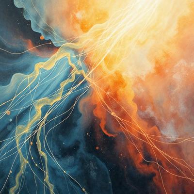 The primary subject of the image is a painting of a colorful, swirling, and abstract scene. The setting is a dark background, which contrasts with the vibrant colors of the painting. The visual style is a combination of digital art and illustration, creating a unique and captivating artwork. The dominant colors in the painting are blue, orange, and yellow, which contribute to the overall mood of the piece.